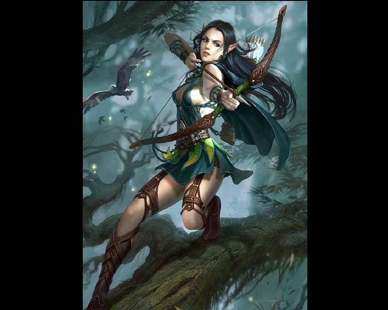 Wood Elf Archer, tree, female, elf, woods, archer, HD wallpaper