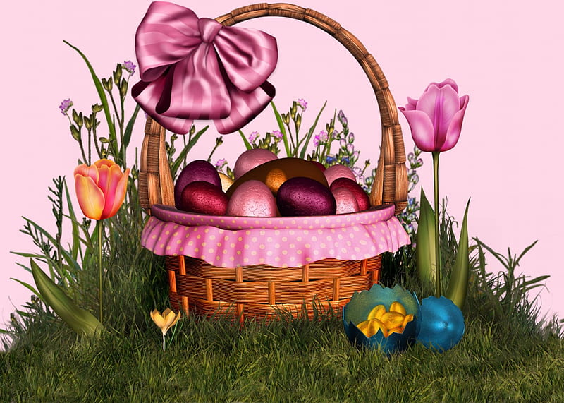 Easter Basket, candy, Easter eggs, grass, chocolate, bow, Easter, basket, eggs, flowers, tulips, Spring, HD wallpaper