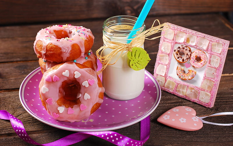 donut, food, heart, morning, milk, pink, dessert, sweet, HD wallpaper