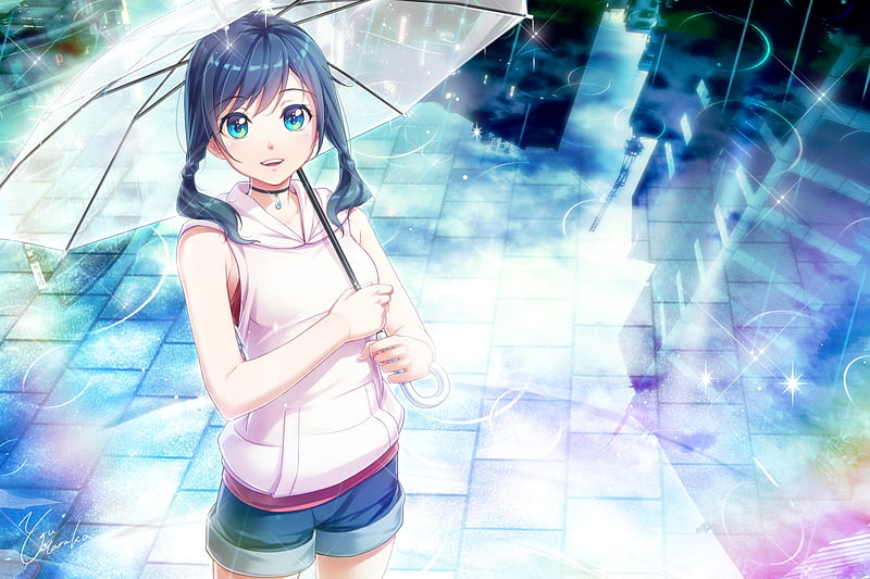 amano hina, tenki no ko, raining, umbrella, smiling, choker, Anime, HD wallpaper