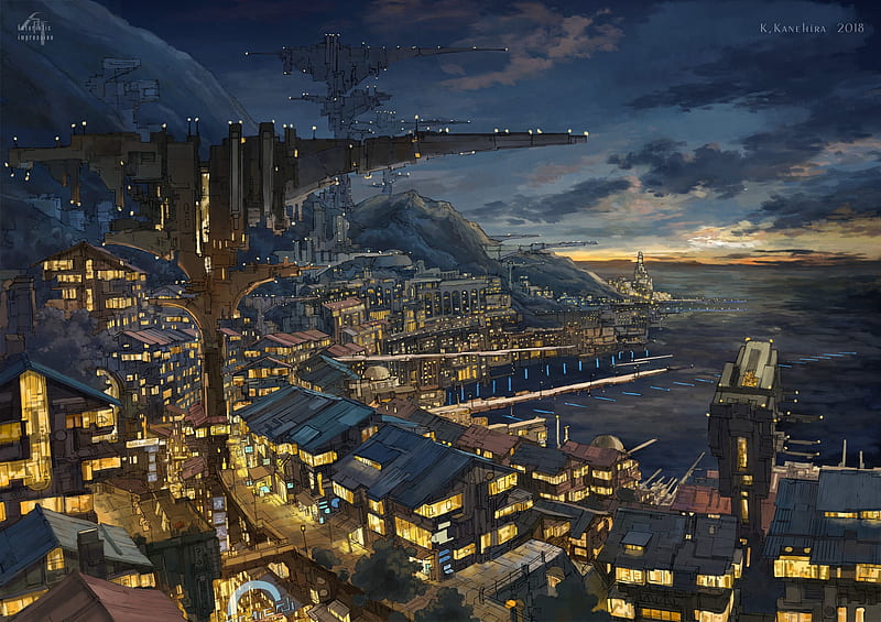 anime city, night, lights, buildings, Anime, HD wallpaper