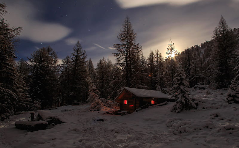 Cabin in the woods., cabin, snow, winter, woods, HD wallpaper