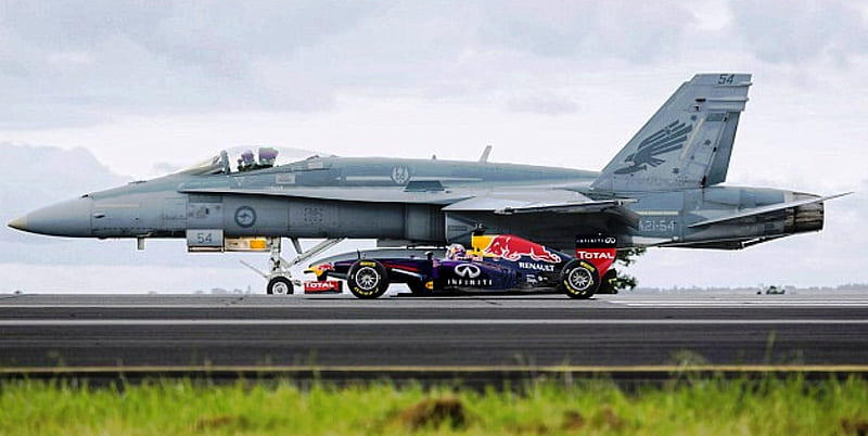 McDonnell Douglas F/A-18 Hornet v Red Bull F1 Car, FA-18 Hornet, Red Bull F1, Race, McDonnell Douglas, HD wallpaper