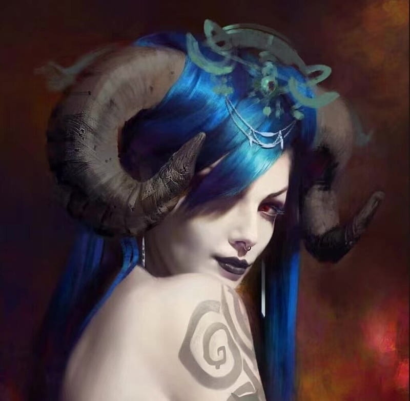 Demoness Face Blue Horns Art Frumusete Luminos Superb Qingyang