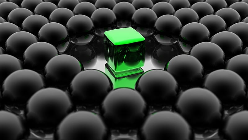 3D Green Cube And Black Balls Abstract, HD wallpaper