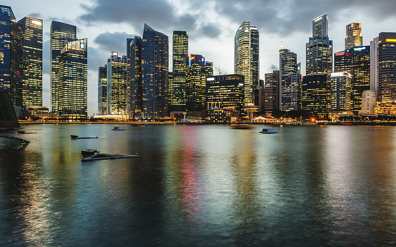 Singapore, evening, sunset, skyscrapers, Singapore cityscape, city lights, metropolis, Asia, HD wallpaper
