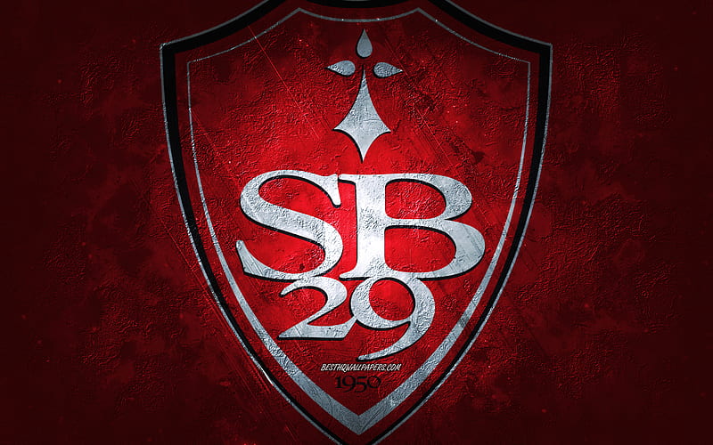 Stade Brestois 29, French football team, red background, Stade Brestois 29 logo, grunge art, Ligue 1, France, football, Stade Brestois 29 emblem, HD wallpaper