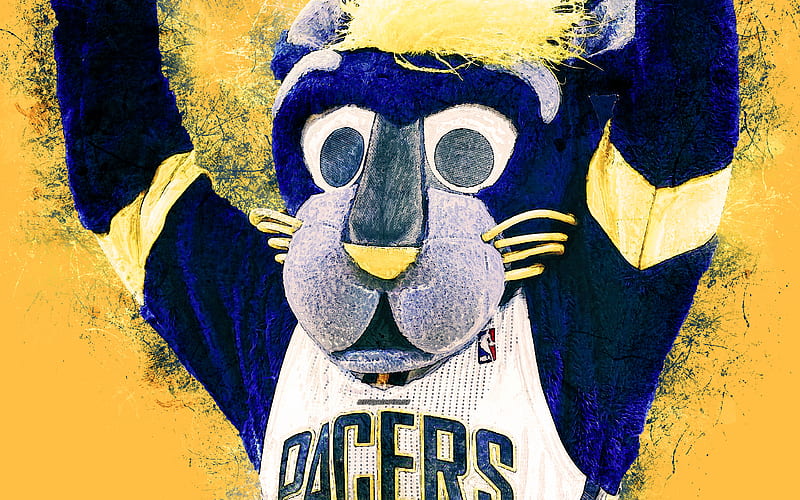 Boomer, official mascot, Indiana Pacers, portrait Pacers panther, art, NBA, USA, grunge art, symbol, yellow background, paint art, National Basketball Association, NBA mascots, Indiana Pacers mascot, basketball, HD wallpaper