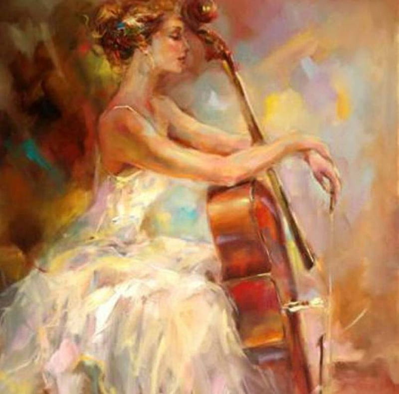 Painting, sad, violin, lady, HD wallpaper