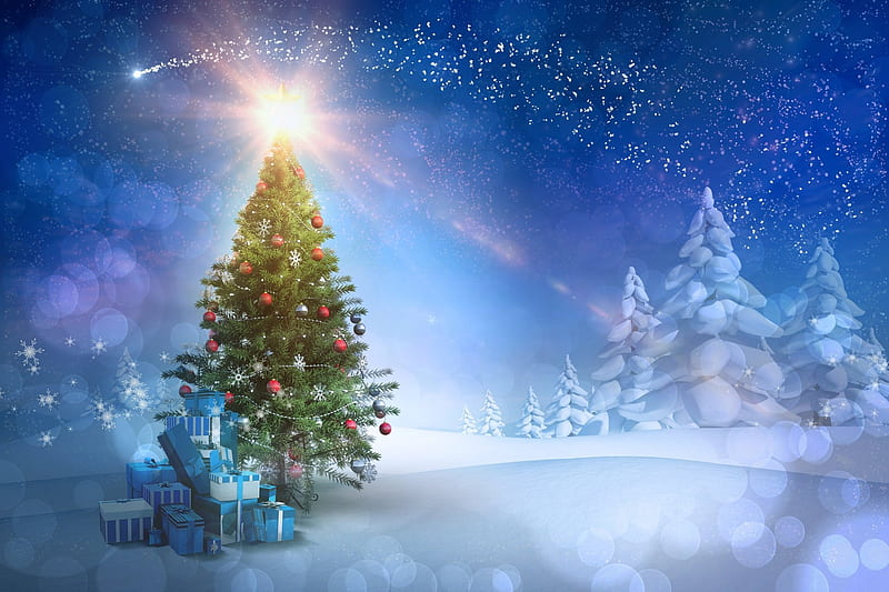 Magical Christmas Night, christmas, snow, light, winter, tree, HD wallpaper