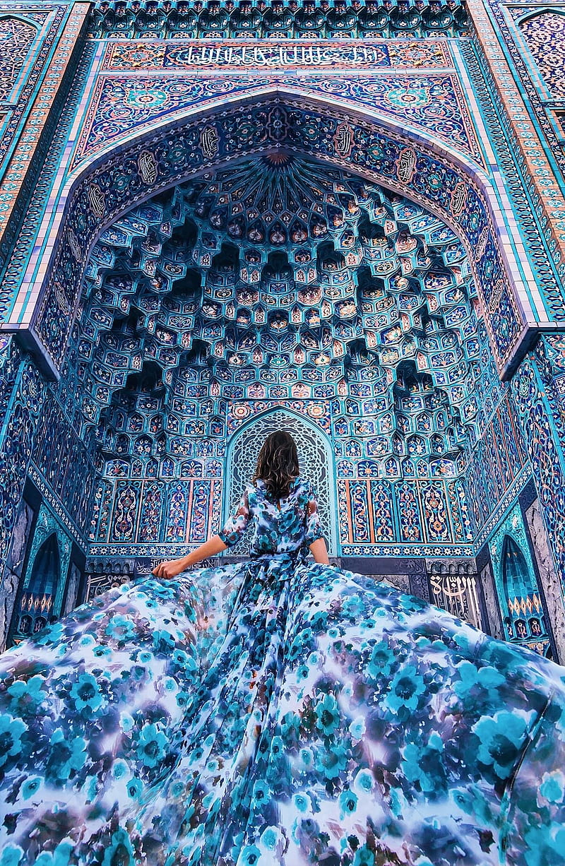 dress, mosque, women, blue dress, graphy, HD phone wallpaper