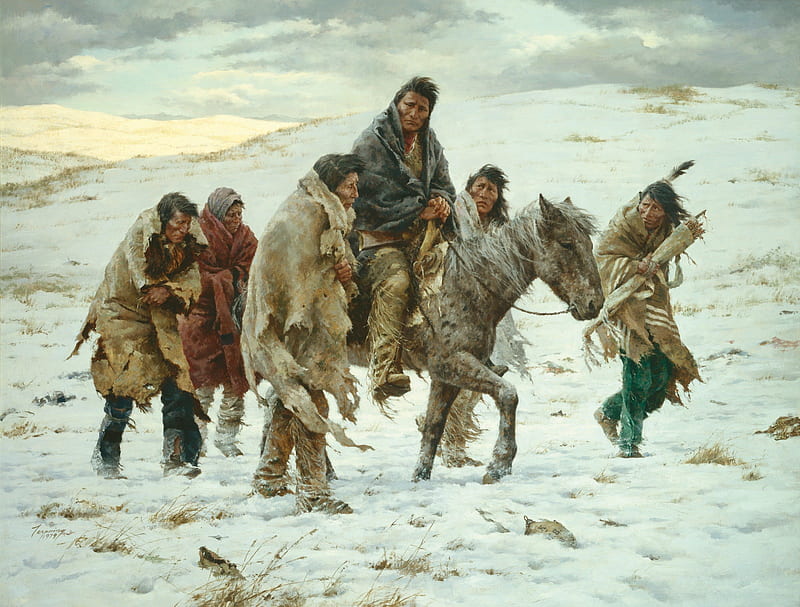 Chief Joseph Rides to Surrender, painting, native, horse, snow, HD wallpaper