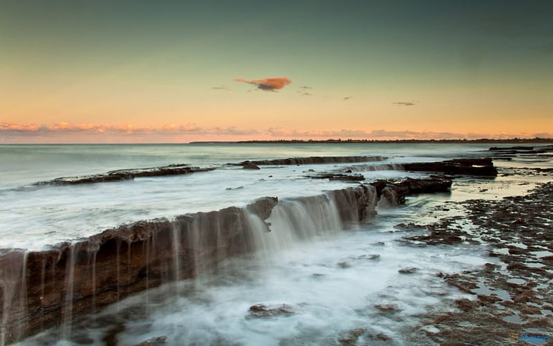 Little Sea Falls, rocks, water, sunset, sky, sea, falls, HD wallpaper