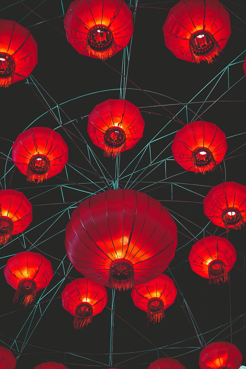 chinese lanterns, lights, red, dark, HD phone wallpaper