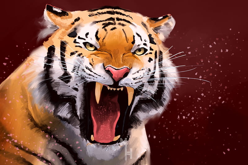 tiger, grin, aggression, predator, art, HD wallpaper