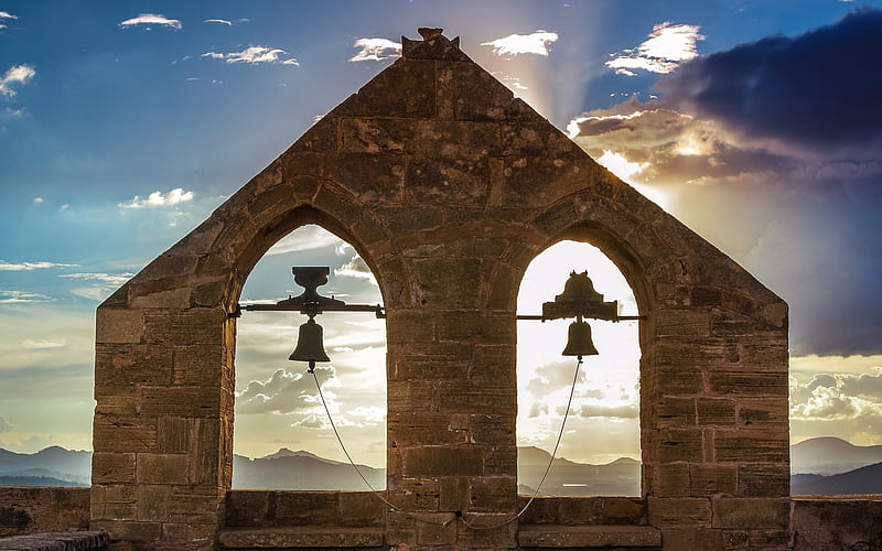 Church Bells, sunbeams, ruins, church, bells, sky, HD wallpaper