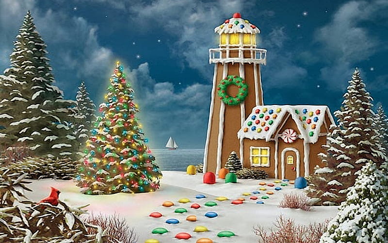 Gingerbread Christmas Lighthouse, Christmas tree, house, christmas, Holiday, digital art, Gingerbread, lighthouse, snow, painting, HD wallpaper
