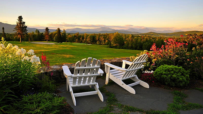GARDEN CHAIRS, scenic, furniture, mountain, chair, relaxation, north america, new hampshire, adirondack chair, appalachian mountains, seat, emptiness, seating furniture, outdoor furniture, idyllic, new england, serenity, garden, landscape, HD wallpaper
