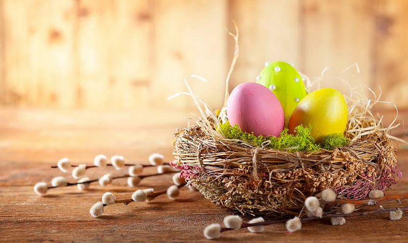 Happy Easter!, holiday, basket, eggs, bonito, spring, branches, happy ...