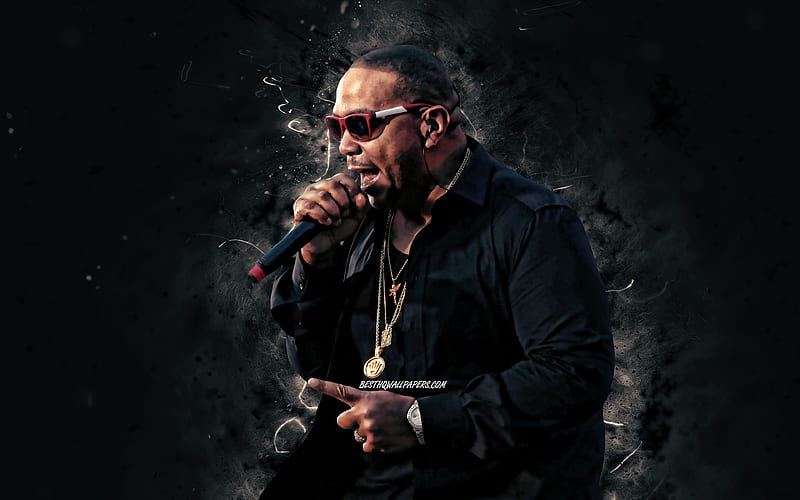 Timbaland, 2020 white neon lights, american rapper, concert, music stars, creative, Timbaland with microphone, Timothy Zachery Mosley, american celebrity, Timbaland, HD wallpaper