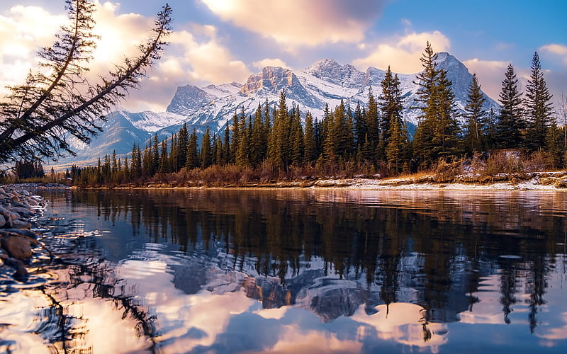 Sunrise Mountains Bow River Canmore Forest Autumn, HD wallpaper