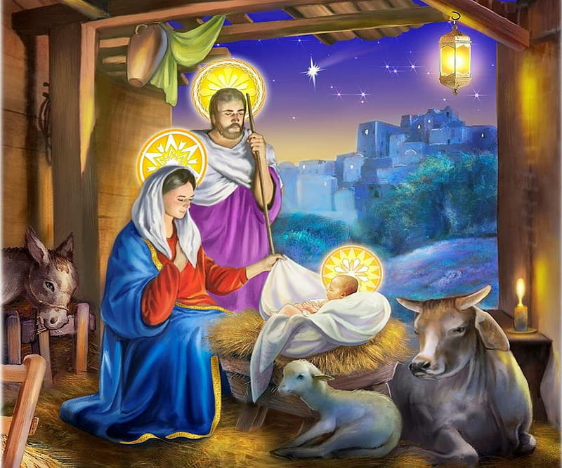 Jesus Birth, stars, donkey, cow, bethlehem, sheep, parents, joseph, painting, stable, mary, HD wallpaper