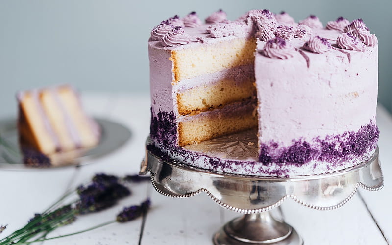 Festive cake, dessert, sweets, lavender, cakes, HD wallpaper