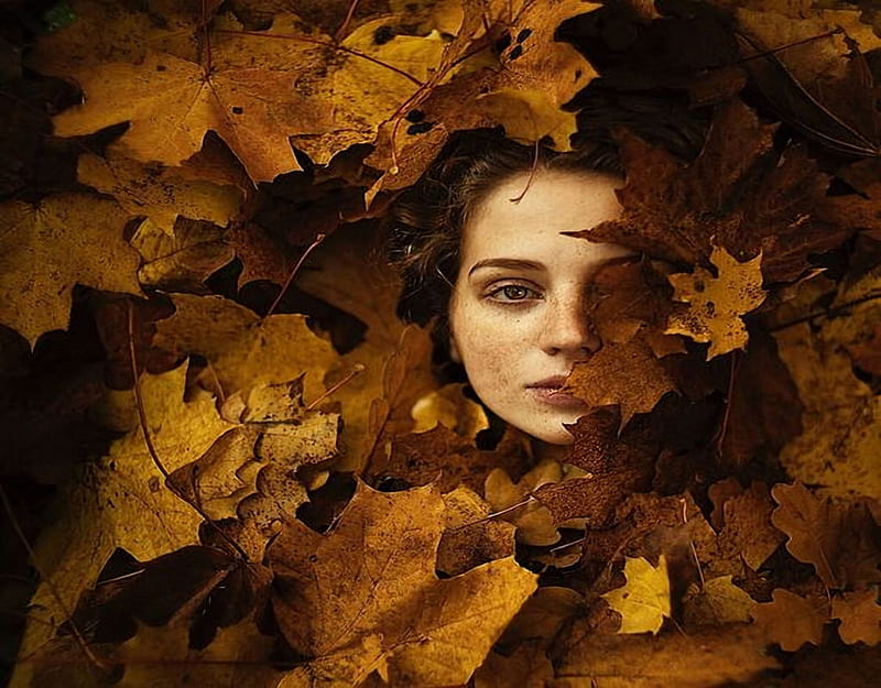 Autumn Brown, etheral women, leaf color to gals, color on black, women are special, facing beauty, Design You Trust, album, female trendsetters, HD wallpaper