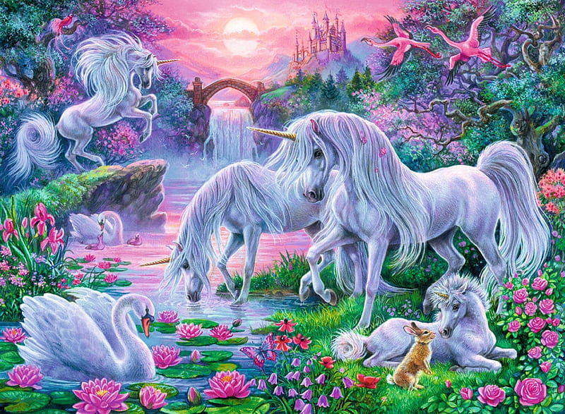 Unicorns, fantasy, luminos, green, unicorn, pink, white, HD wallpaper