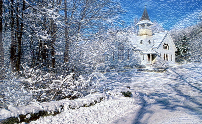 Chappel in Winter, house, snow, sunshine, trees, artwork, HD wallpaper