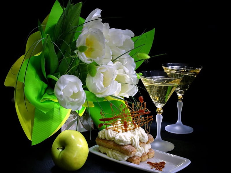 Tulips and wine, apple, green, wine, glasses, tulips, white, dessert, HD wallpaper