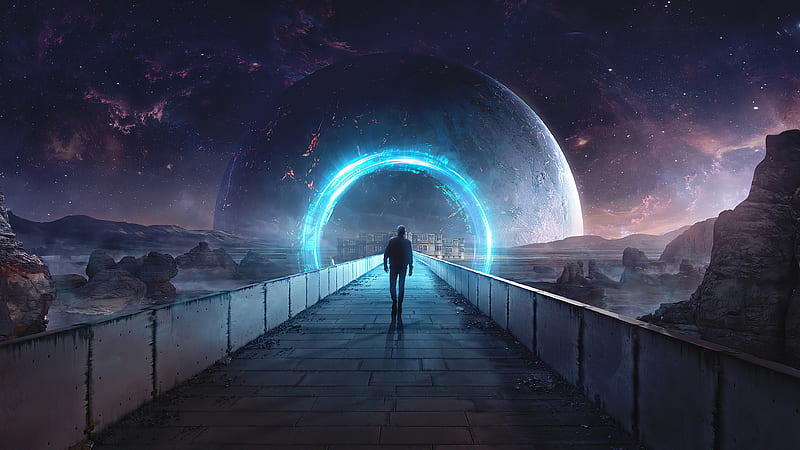 Sci Fi, Portal, Man, Mountain, Night, Planet, Sky, HD wallpaper