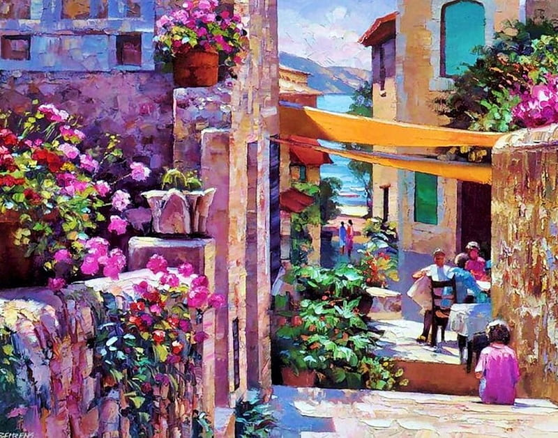 Mediterranean Houses, people, painting, flowers, stairs, artwork, sea, HD wallpaper