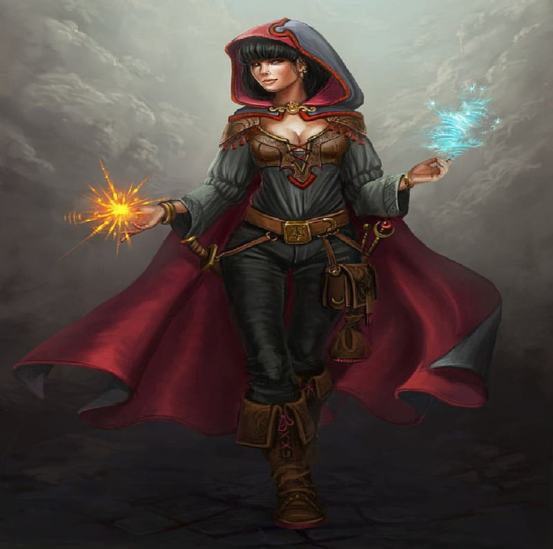 Young Mage, fire, ice, magic, mage, woman, HD wallpaper