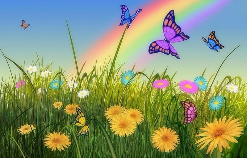 End of the Rainbow, love four seasons, butterflies, spring, attractions in dreams, creative pre-made, sky, rainbows, flowers, nature, butterfly designs, HD wallpaper