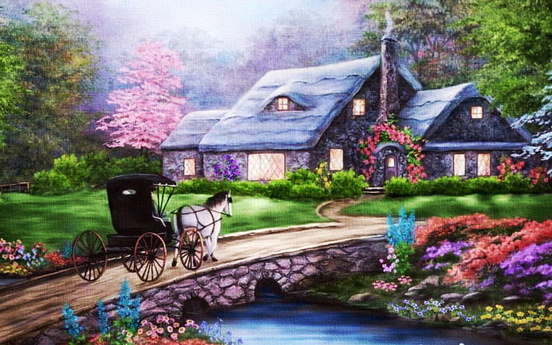 Cozy Cottage, bridge, cart, flowers, river, trees, horse, artwork, HD wallpaper