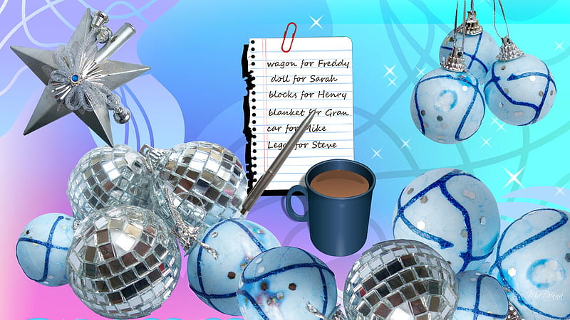 Getting Ready For Christmas, pen, balls, decorations, cocoa, pastel, firefox persona, christmas list, blue, HD wallpaper