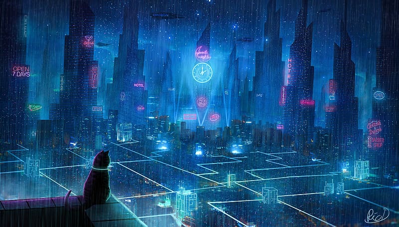 Anime, Rain, City, Building, Cat, Sci Fi, HD wallpaper