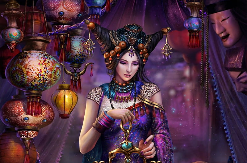 Mystic vendor, frumusete, lantern, luminos, orange, legend of the cryptids, game, fantasy, hoanglap, girl, purple, loc, HD wallpaper