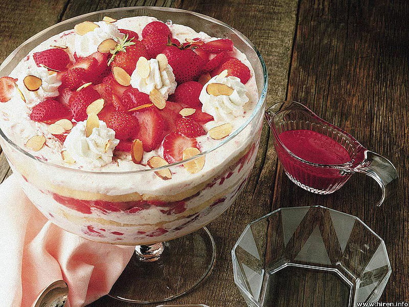 Strawberry Trifle, glass, trifle, food, strawberries, bowls, dessert, HD wallpaper