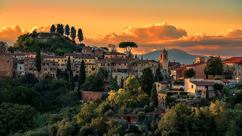 Landscape, Sunset, Italy, Tree, House, Town, Tuscany, , Towns, HD wallpaper