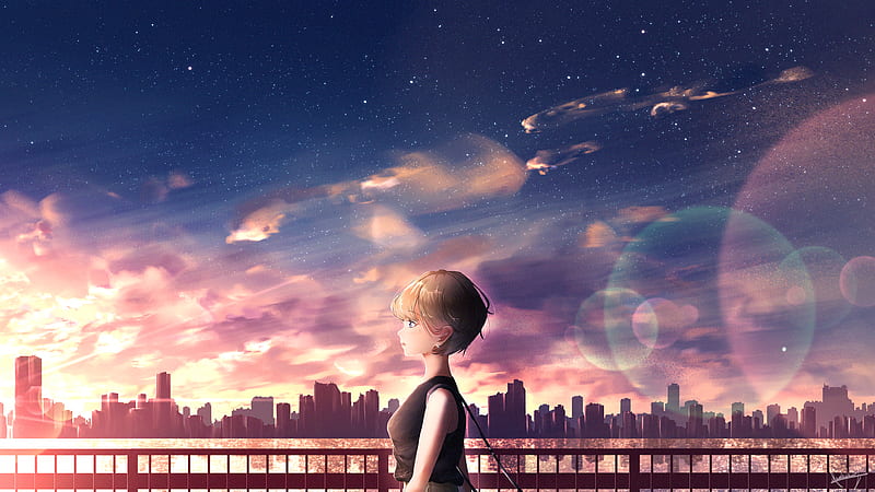 Anime, Girl, Short Hair, Sky, Starry Sky, HD wallpaper
