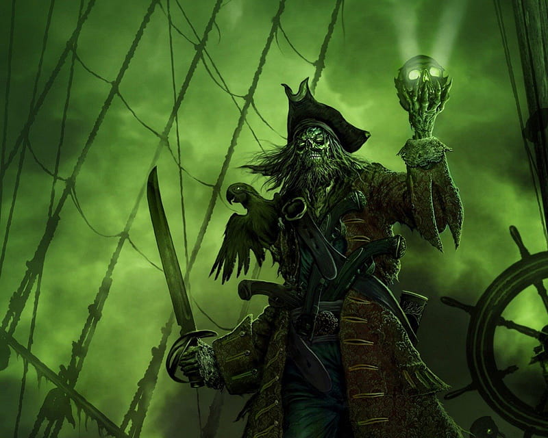Undead Pirate, fantasy, undead, green, ship, black, sword, captain, pirate, HD wallpaper
