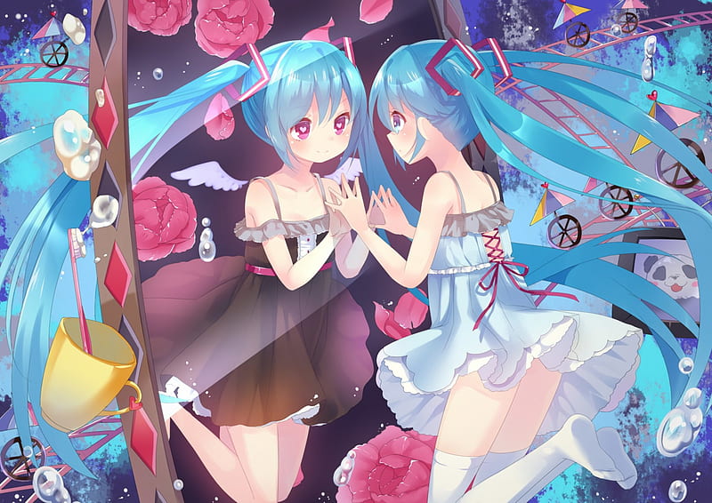 Other Side, pretty, adorable, sweet, floral, red rose, nice, anime, bubbles, anime girl, twins, reflection, vocaloids, long hair, lovely, twintail, miku, cute, water, hatsune, float, dress, hatsune miku, double, twin tail, blossom, loli, mirror, vocaloid, female, lolilta, blouse, twintails, twin tails, kawaii, girl, blue hair, flower, petals, miku hatsune, aqua hair, sundress, scene, HD wallpaper