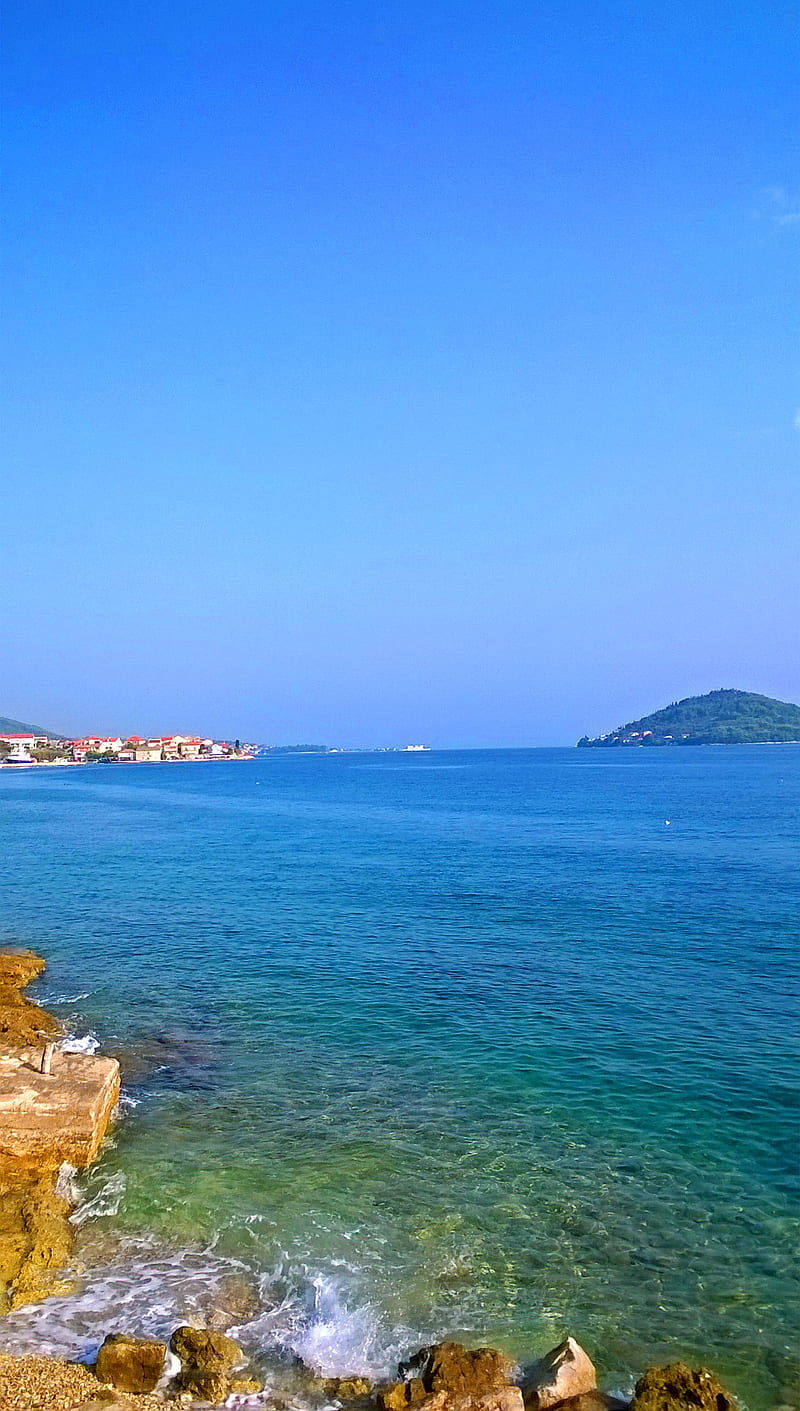 Croatian seaside, blue, croatia, sea, sky, summer, yellow, HD phone wallpaper