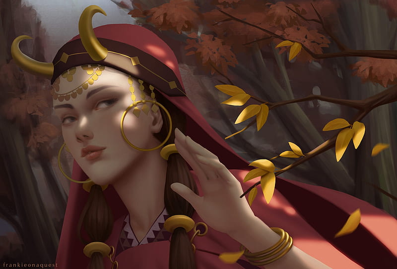 Tribal princess, girl, luminos, tribal orincess, jewel, red, art, yellow, horns, phuong ngan, fantasy, frankie ngo, HD wallpaper Tribal princess, girl, luminos, tribal orincess, jewel, red, art, yellow, horns, phuong ngan, fantasy, frankie ngo, HD wallpaper