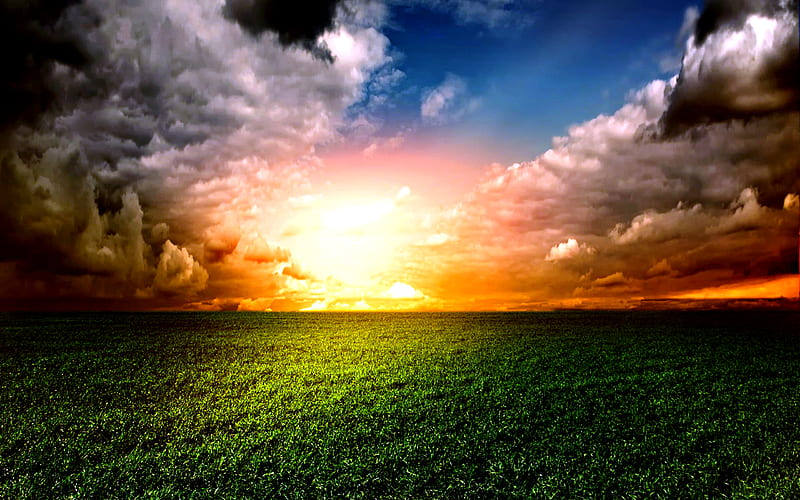 Amazing Sky, colorful, sun, grass, bonito, magic, clouds, stormy