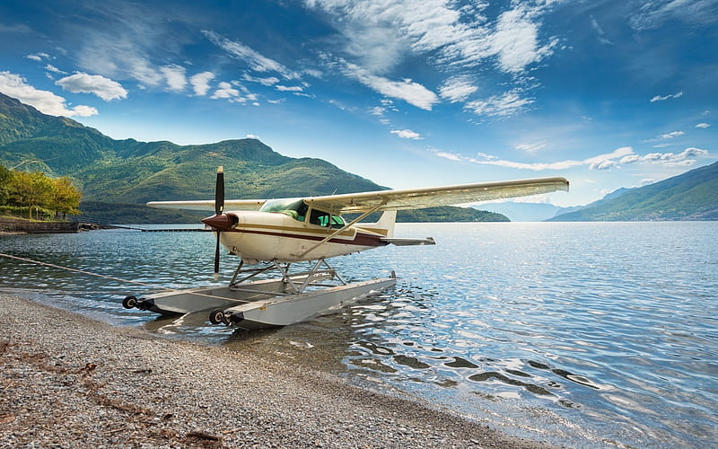 Seaplane, sky, lake, mountains, HD wallpaper
