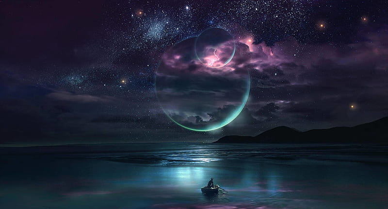 Magical sky touch, sky, sea, biat, moon, luminos, silhouette, moon, fantasy, water, planet, qauz, pink, blue, HD wallpaper