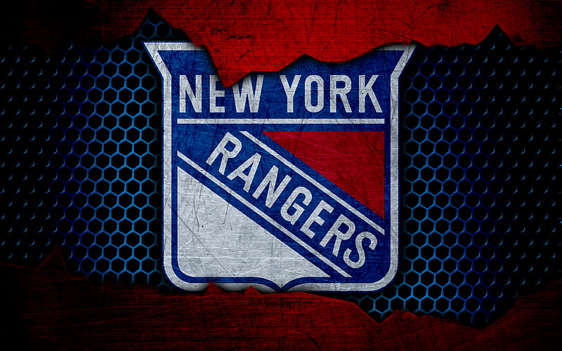 New York Rangers logo, NHL, hockey, Eastern Conference, USA, grunge, NY Rangers, metal texture, Metropolitan Division, HD wallpaper